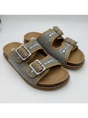 Steve Madden Womens Cabo Silver Slide sandal Size 6 Rhinestone Buckle Tan NEW